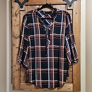 Torrid Plaid Black Red Twill Self Tie Neck Flannel Peasant Top US 2X